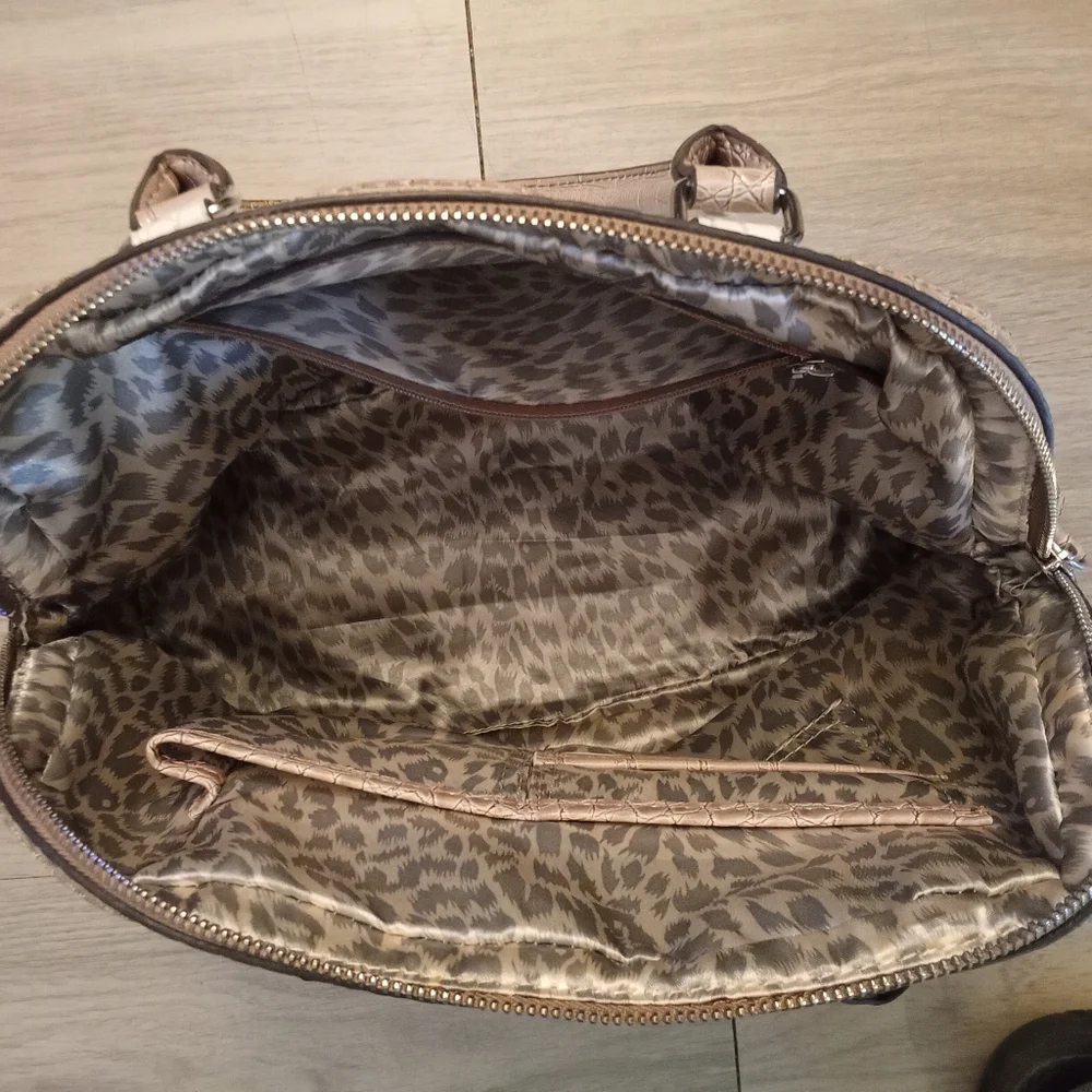 G By Guess Satchel Bag in cream, gray, and brown with a crocodile print